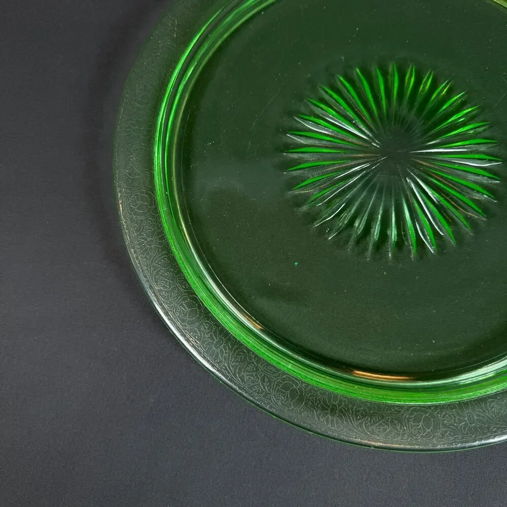 Vintage Uranium Glass Plates 13 inch Green Depression Glass UV Glow